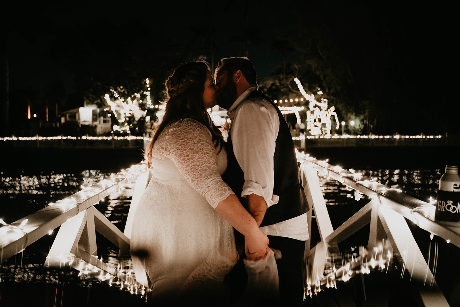Bride and Groom Nighttime Waterfront Wedding Portraits