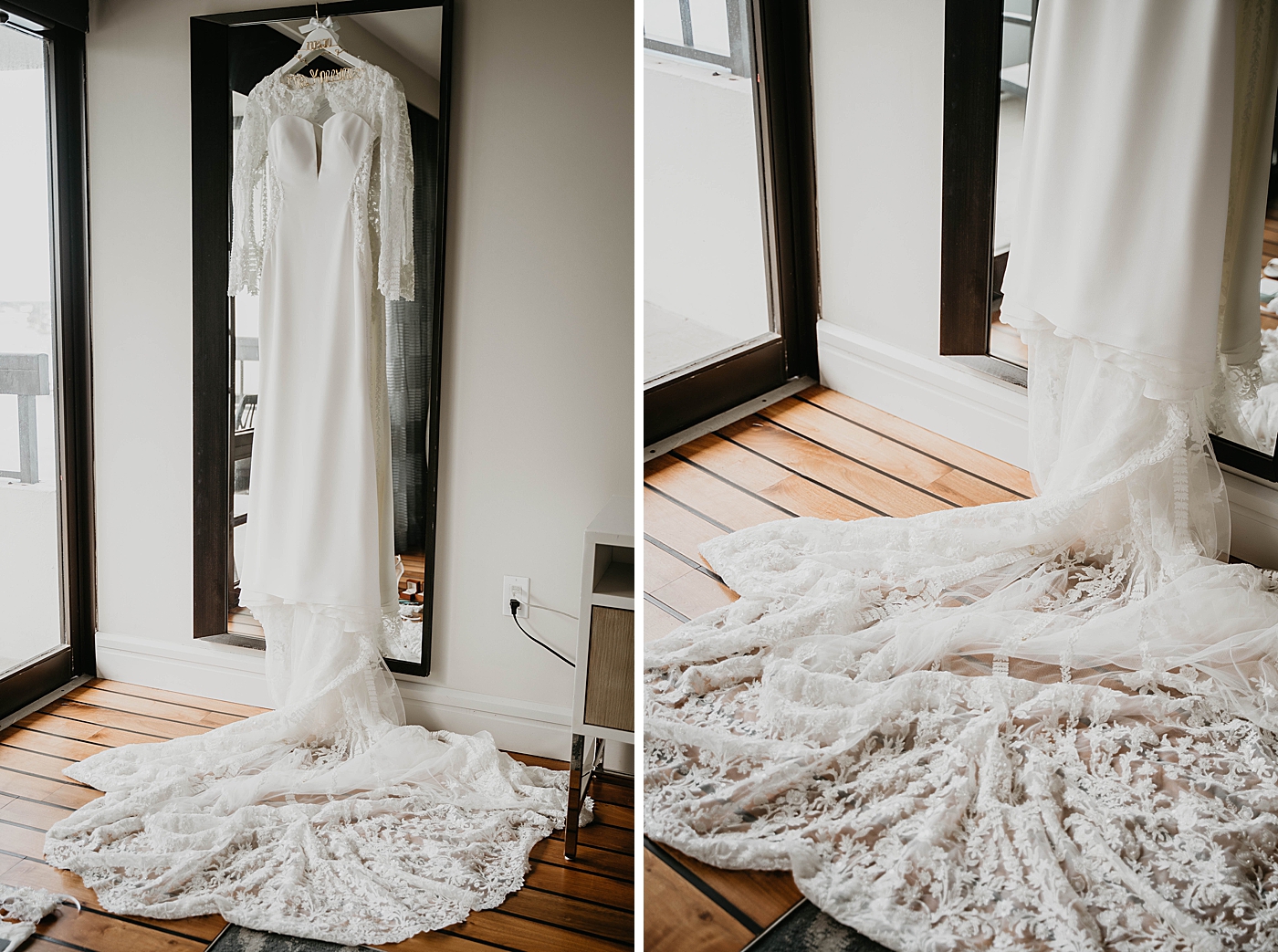 Bridal Detail Shots of Beautiful Lace Wedding Dress hanging on a mirror Waterstone Resort and Marina Wedding captured by South Florida Wedding Photographer Krystal Capone Photography