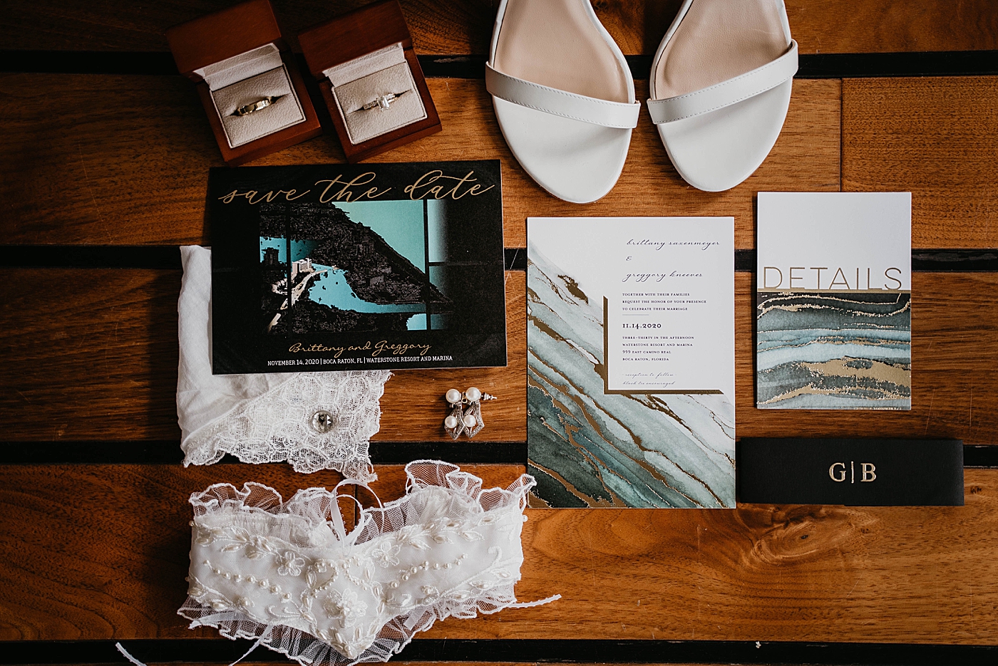 Wedding Detail Shots of rings, heels, save the dates Waterstone Resort and Marina Wedding captured by South Florida Wedding Photographer Krystal Capone Photography