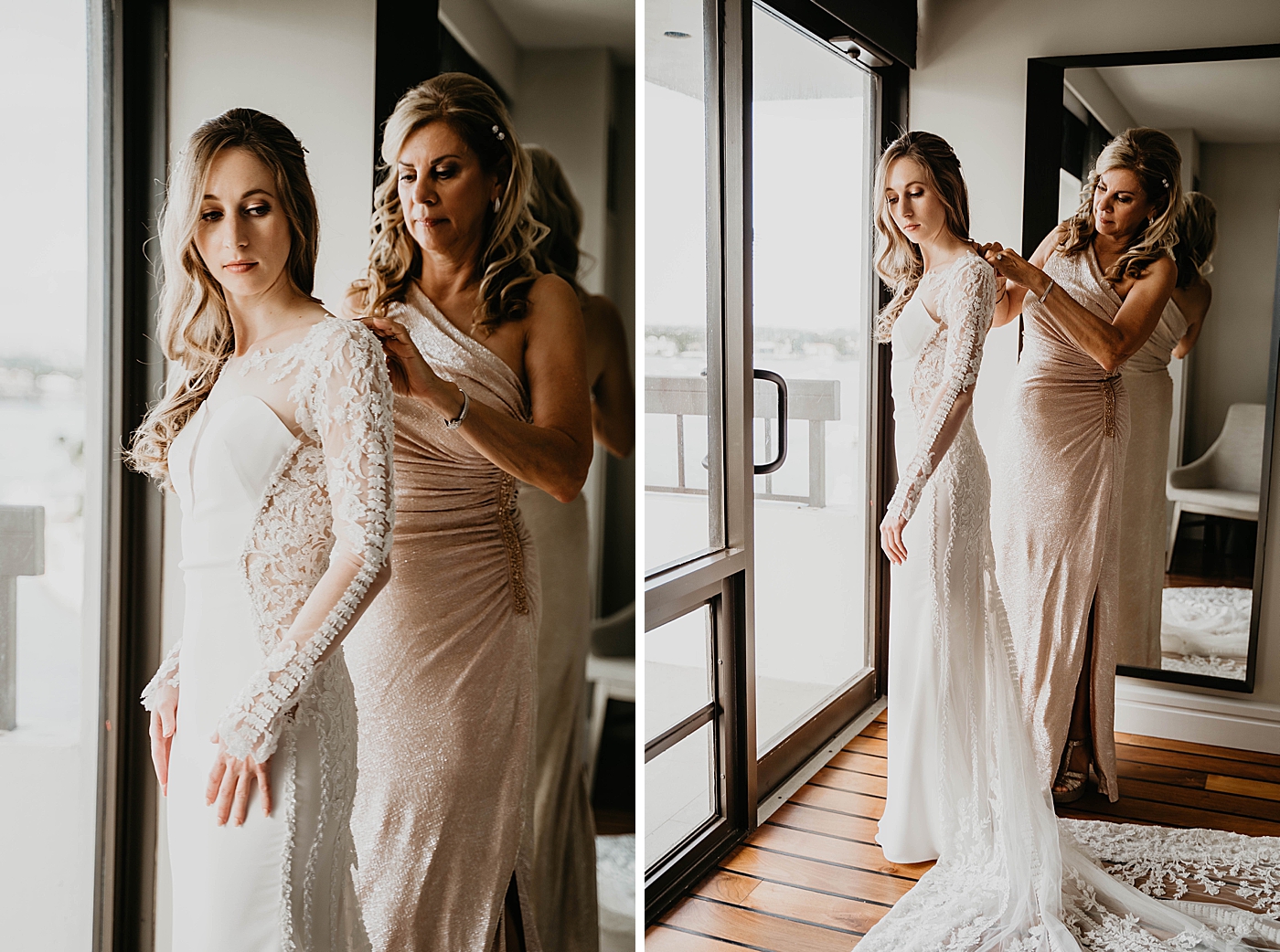 Bride getting ready finishing touches of dress Waterstone Resort and Marina Wedding captured by South Florida Wedding Photographer Krystal Capone Photography