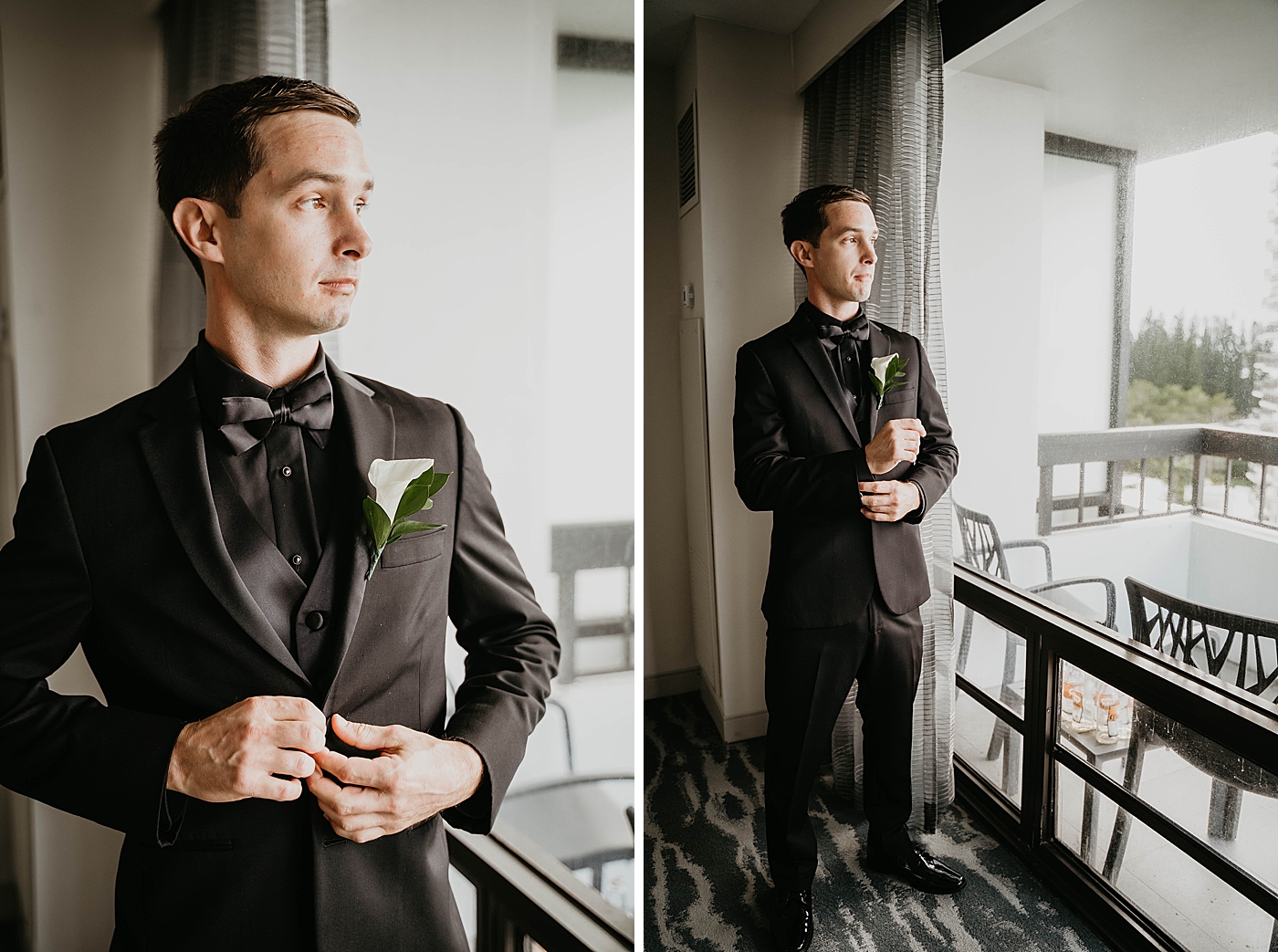 Groom making djustments while looking out the balcony Waterstone Resort and Marina Wedding captured by South Florida Wedding Photographer Krystal Capone Photography
