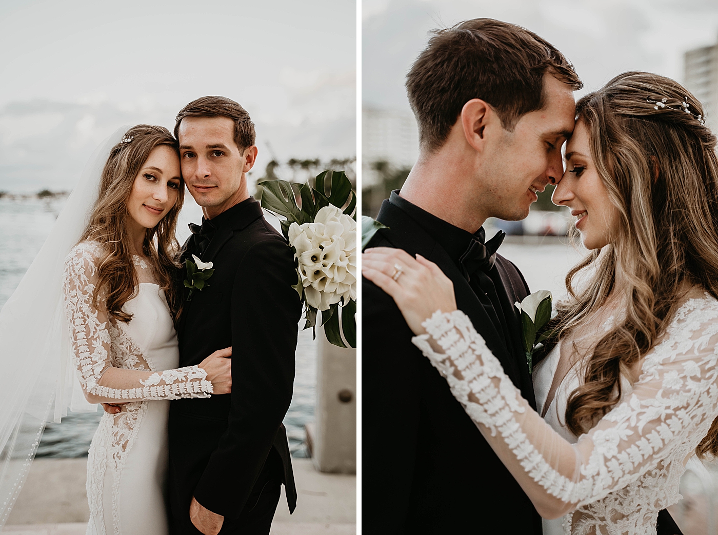 Portrait shots of Bride and Groom holding each other Waterstone Resort and Marina Wedding captured by South Florida Wedding Photographer Krystal Capone Photography