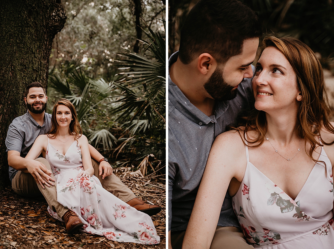 Couple sitting by a tree Delray Oaks Engagement Photography captured by South Florida Engagement Photographer Krystal Capone Photography