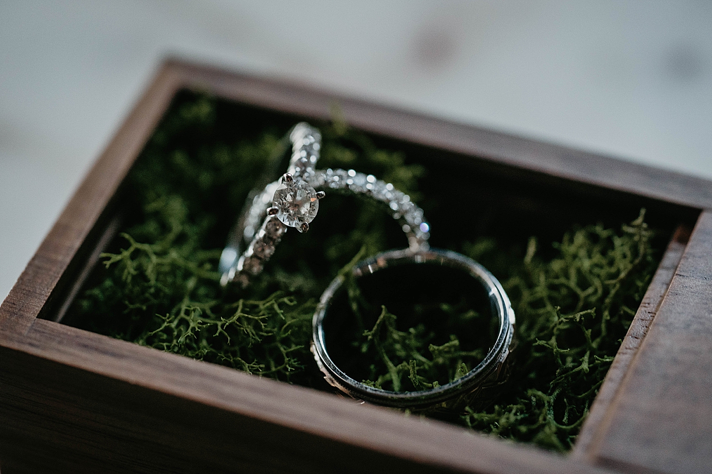Wedding rings and engagement ring in box The Estate on the Halifax Wedding Photography captured by South Florida Wedding Photographer Krystal Capone Photography 