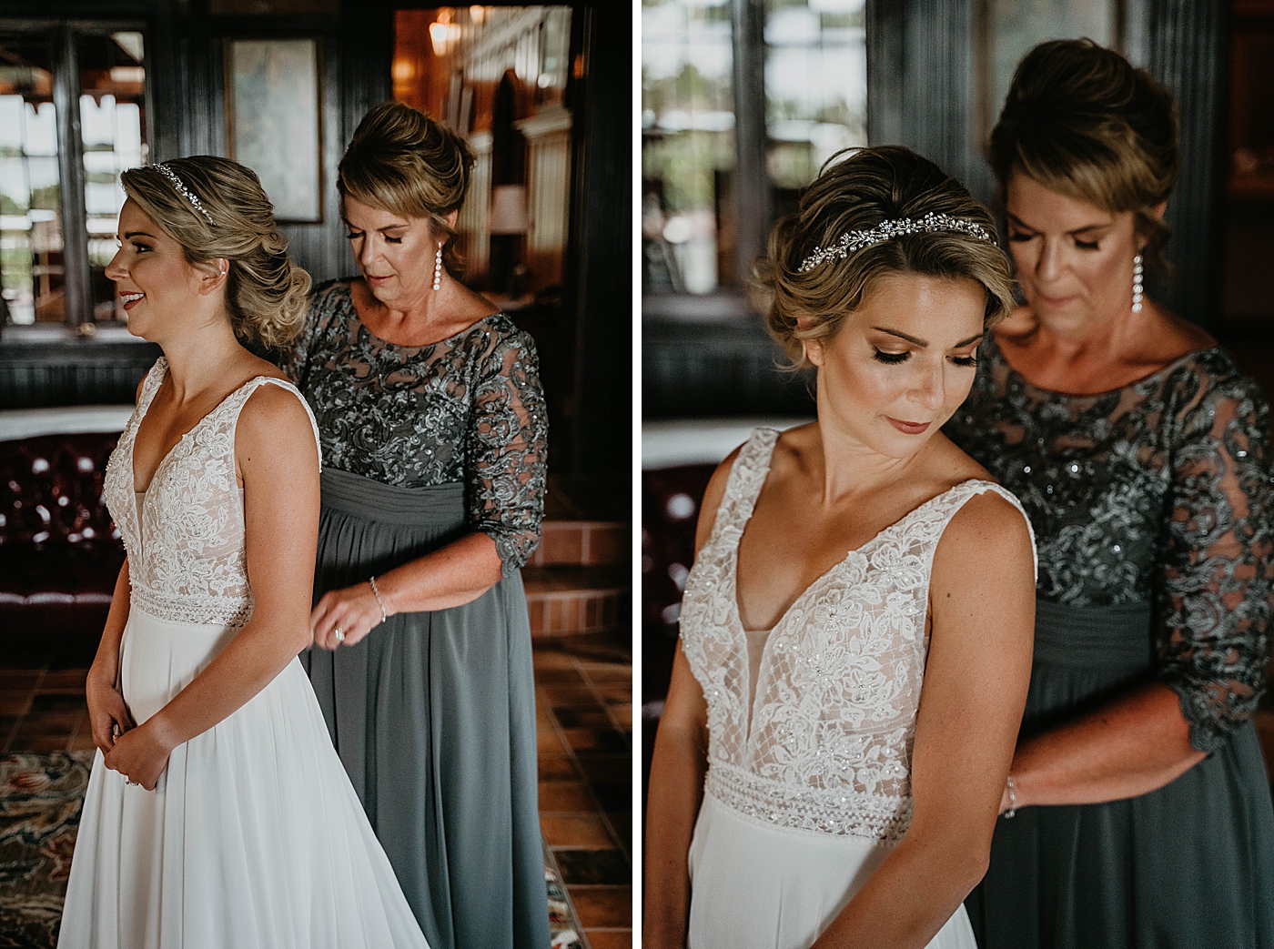 Bride getting help putting on dress The Estate on the Halifax Wedding Photography captured by South Florida Wedding Photographer Krystal Capone Photography 