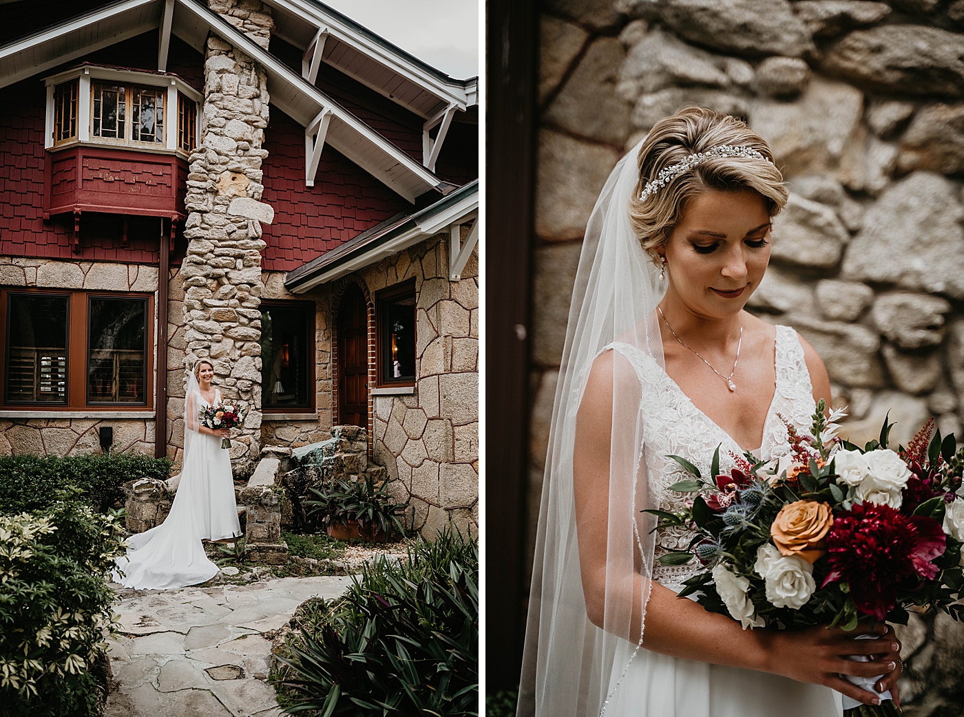 Bride portrait with red bouquet by stone chimney The Estate on the Halifax Wedding Photography captured by South Florida Wedding Photographer Krystal Capone Photography 