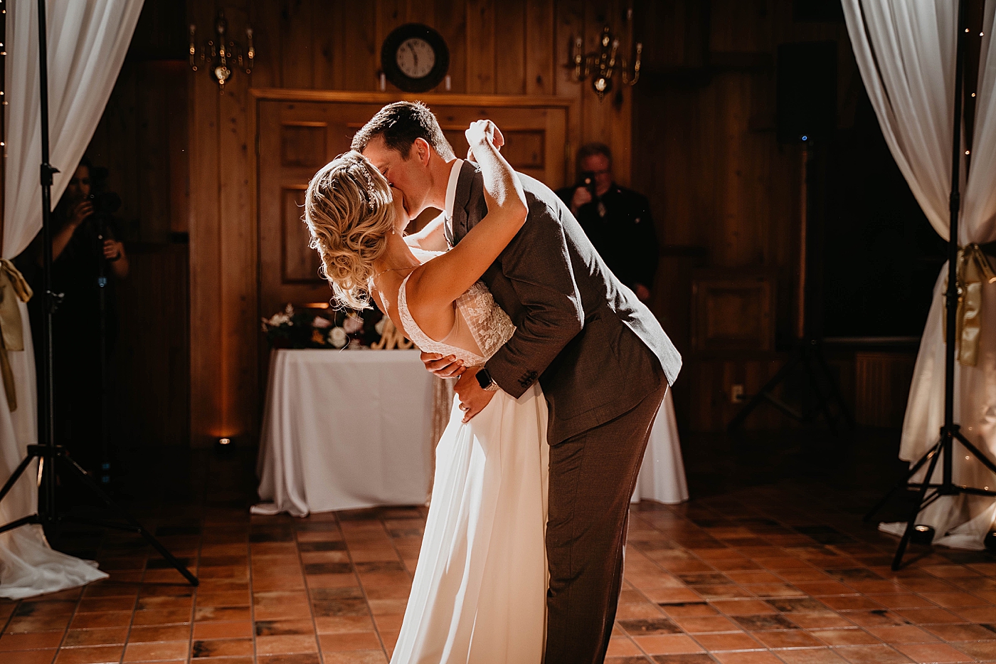 Bride and Groom dipping and kissing first dance The Estate on the Halifax Wedding Photography captured by South Florida Wedding Photographer Krystal Capone Photography 