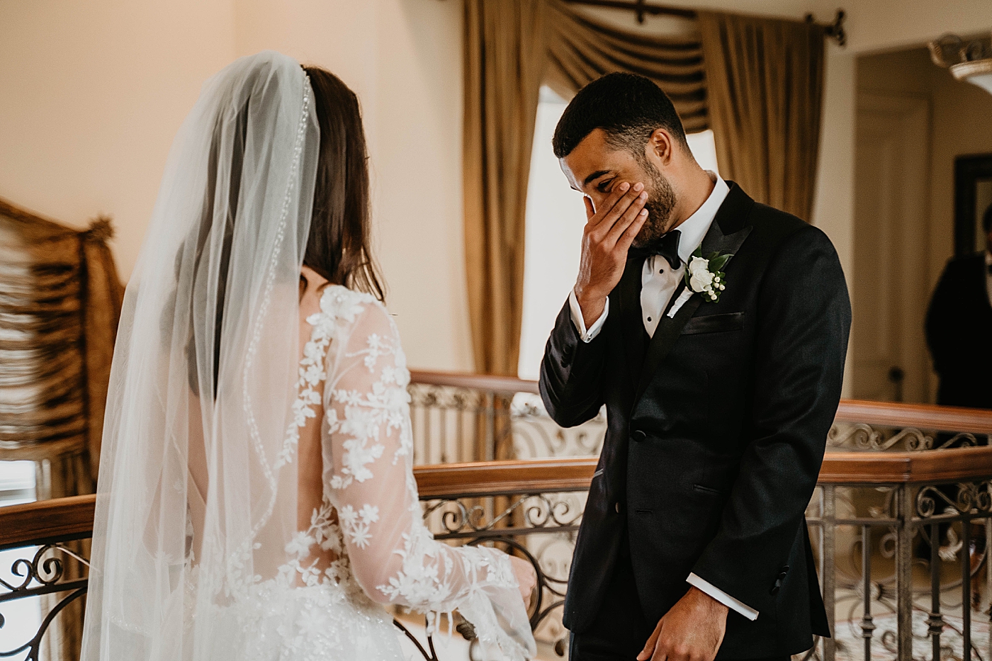 Groom crying seeing his Bride for the First Look Intimate Home Wedding captured by South Florida Wedding Photographer Krystal Capone Photography