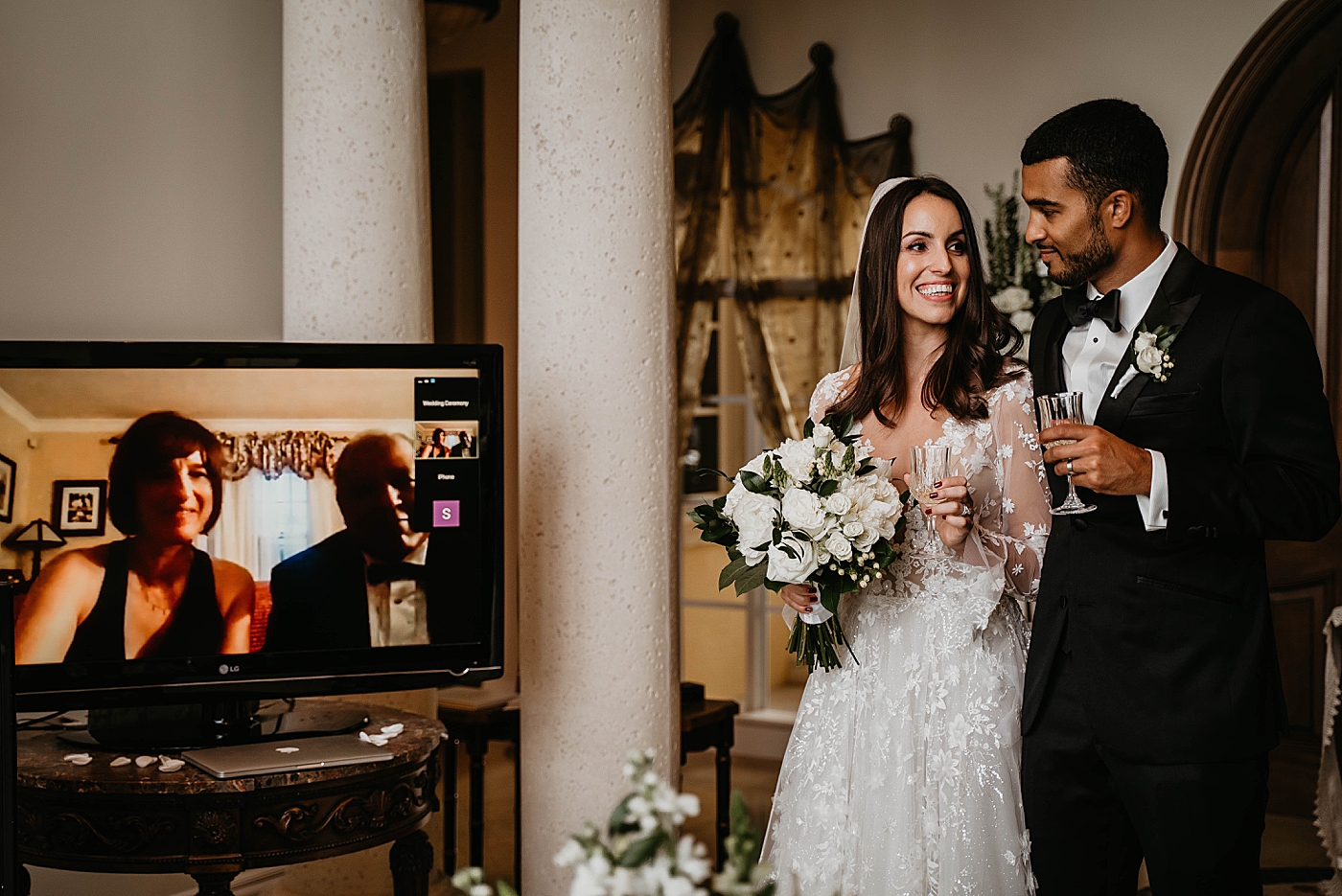 Bride and Groom Zooming Family Intimate Home Wedding captured by South Florida Wedding Photographer Krystal Capone Photography