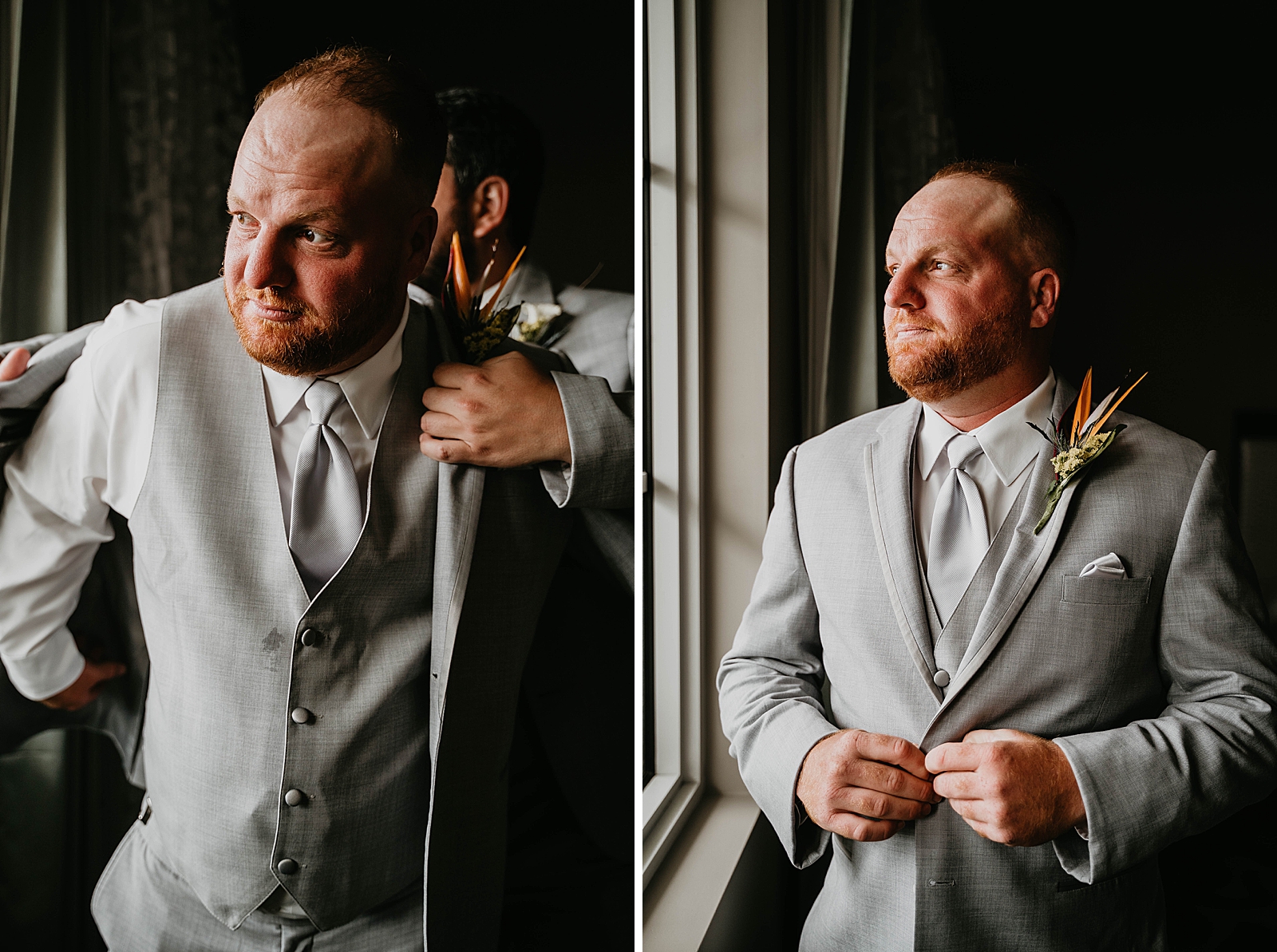 Groom getting ready putting jacket on Jupiter Lighthouse Wedding Photography captured by South Florida Wedding Photographer Krystal Capone Photography