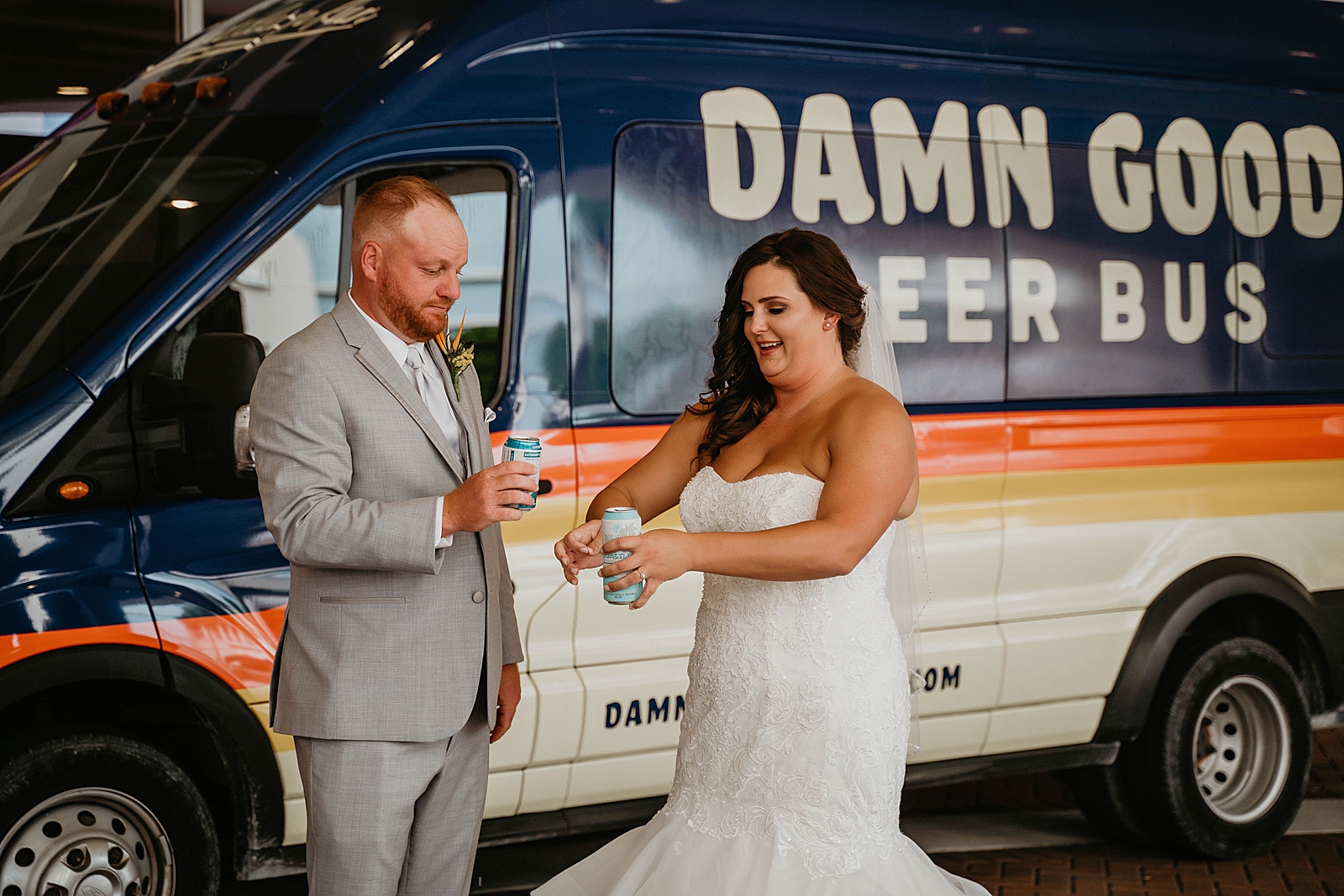 Bride and Groom having a drink by the Damn Good Beer Bus Jupiter Lighthouse Wedding Photography captured by South Florida Wedding Photographer Krystal Capone Photography