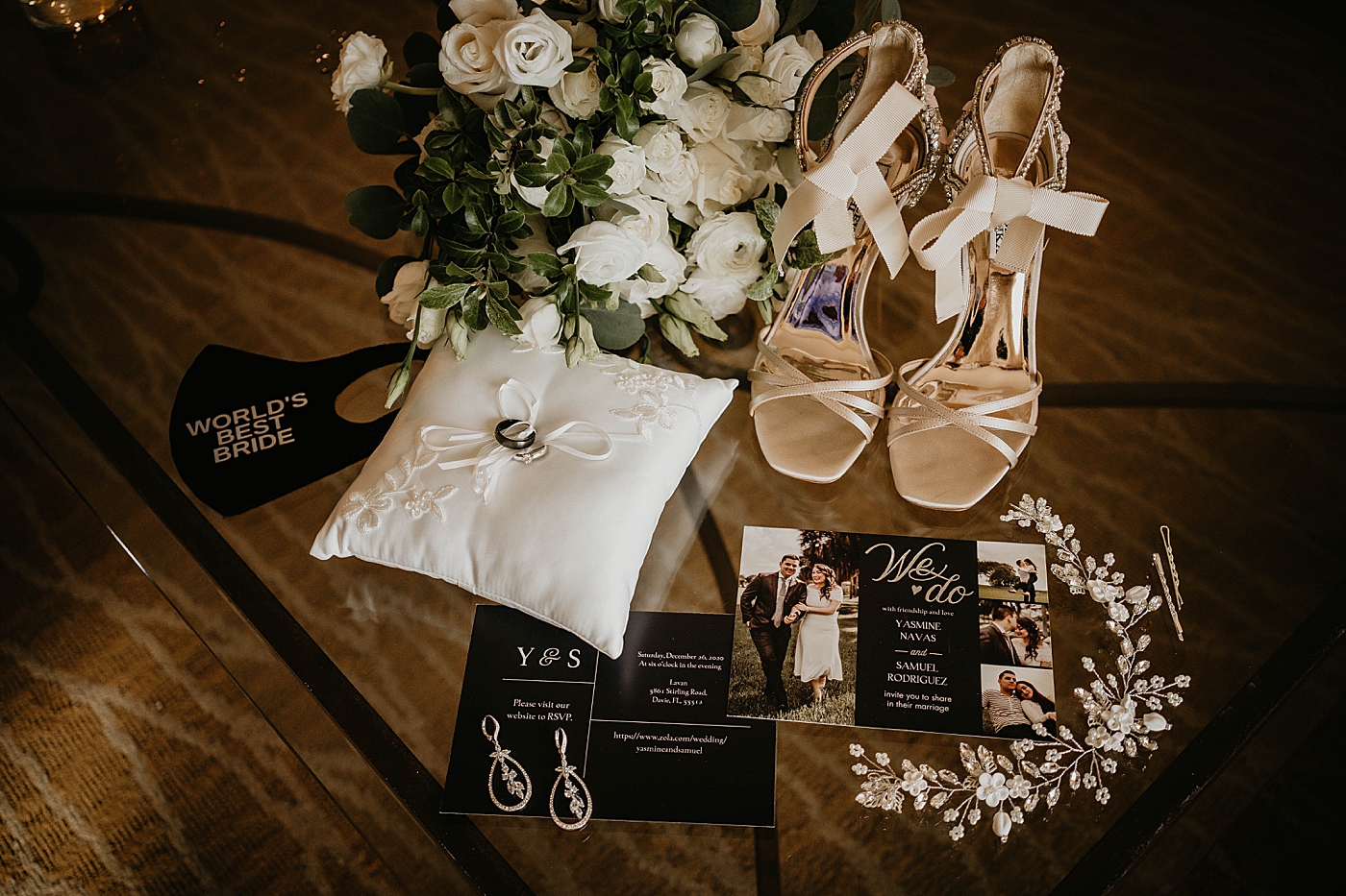 Detail shot of Wedding bands invitations and Bride mask with black and white bouquet Lavan Venue Wedding Photography captured by South Florida Wedding Photographer Krystal Capone Photography