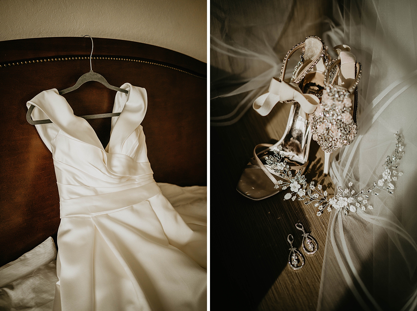 Detail shot of Wedding dress on bed and Bride's heels Lavan Venue Wedding Photography captured by South Florida Wedding Photographer Krystal Capone Photography