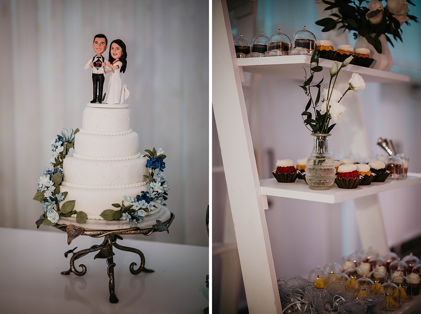 Detail shot of wedding cake with fun couple topper superman pose and cupcakes Lavan Venue Wedding Photography captured by South Florida Wedding Photographer Krystal Capone Photography