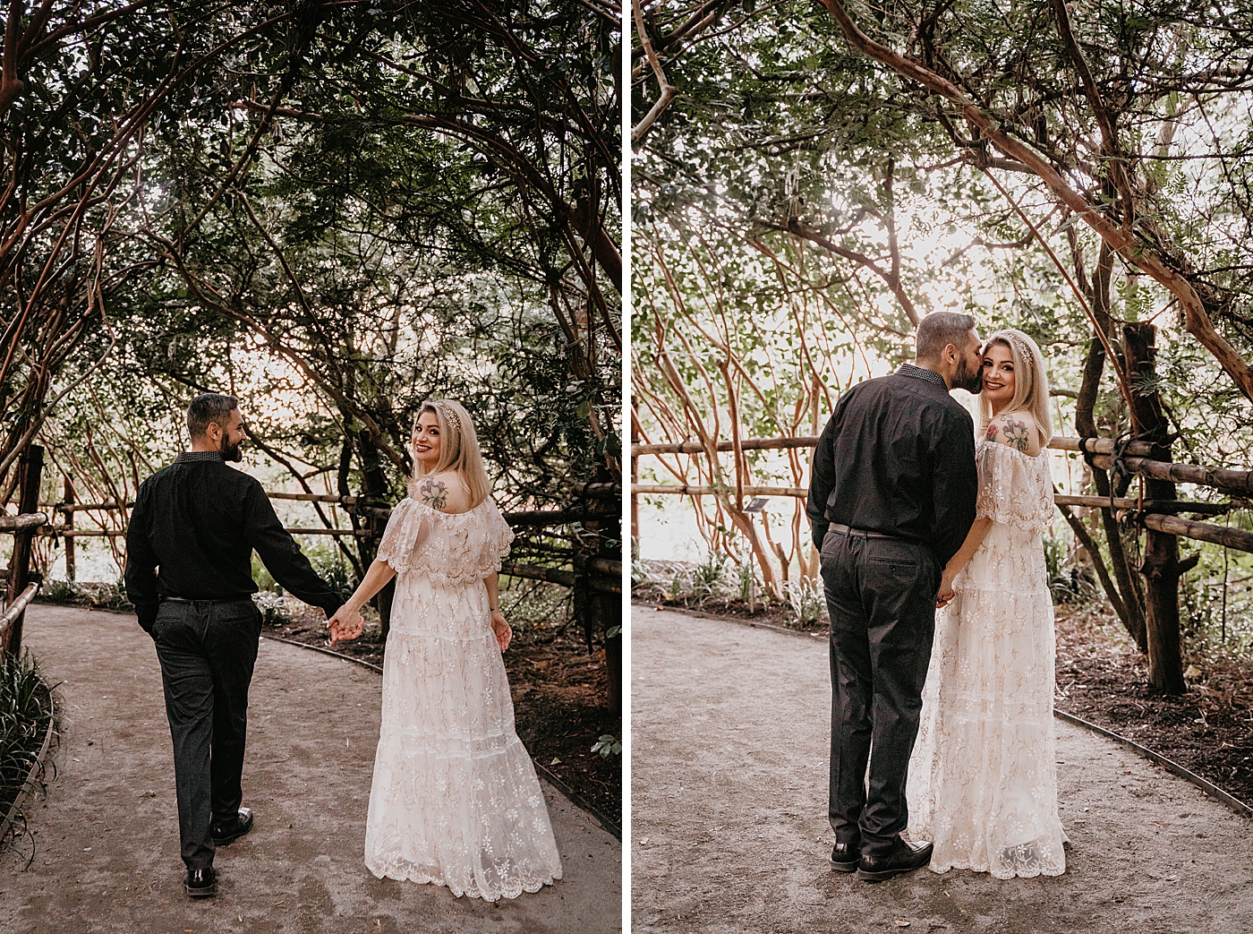 Couple walking through tree path Morikami Museum and Japanese Gardens Engagement Photography captured by Krystal Capone Photography
