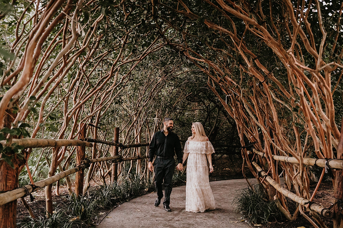 Beautiful Tree arch pathway Morikami Museum and Japanese Gardens Engagement Photography captured by Krystal Capone Photography