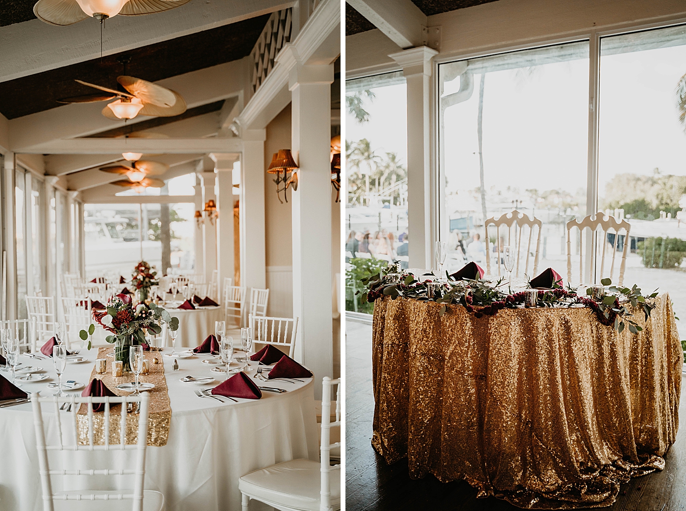 Detail shot of White tables and chairs with glittery sweetheart table Out of the Blue Celebrations Wedding Photography captured by South Florida Wedding Photographer Krystal Capone Photography 