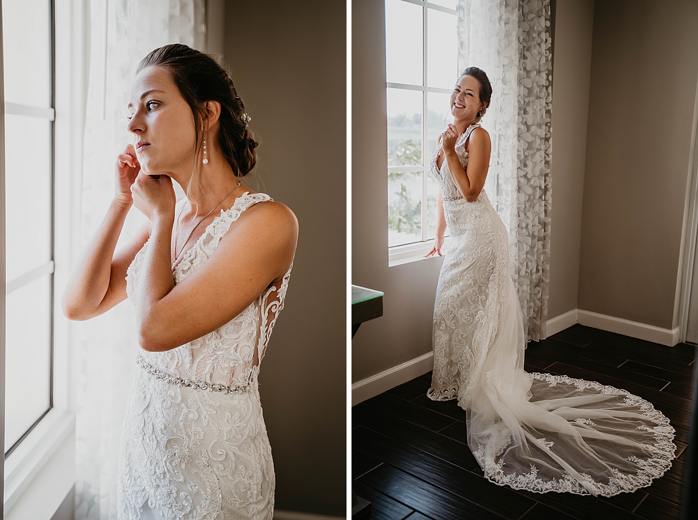 Bride putting earrings on by window Out of the Blue Celebrations Wedding Photography captured by South Florida Wedding Photographer Krystal Capone Photography 