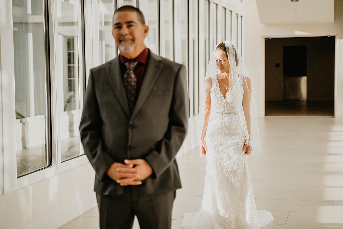 Father first look with Bride approaching Out of the Blue Celebrations Wedding Photography captured by South Florida Wedding Photographer Krystal Capone Photography 