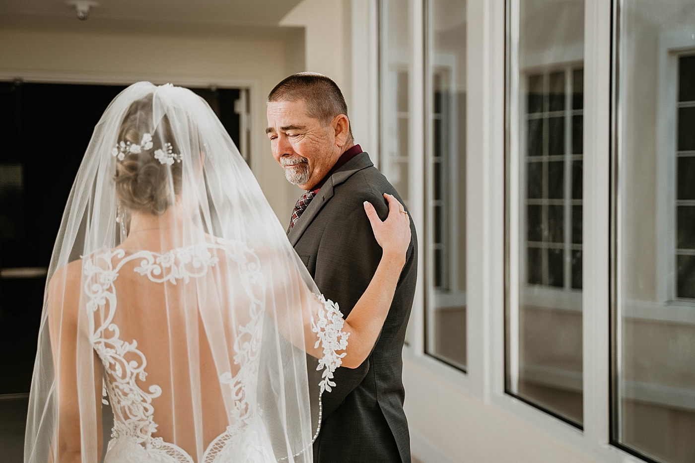 Fathers reaction to Bride in wedding dress Out of the Blue Celebrations Wedding Photography captured by South Florida Wedding Photographer Krystal Capone Photography 