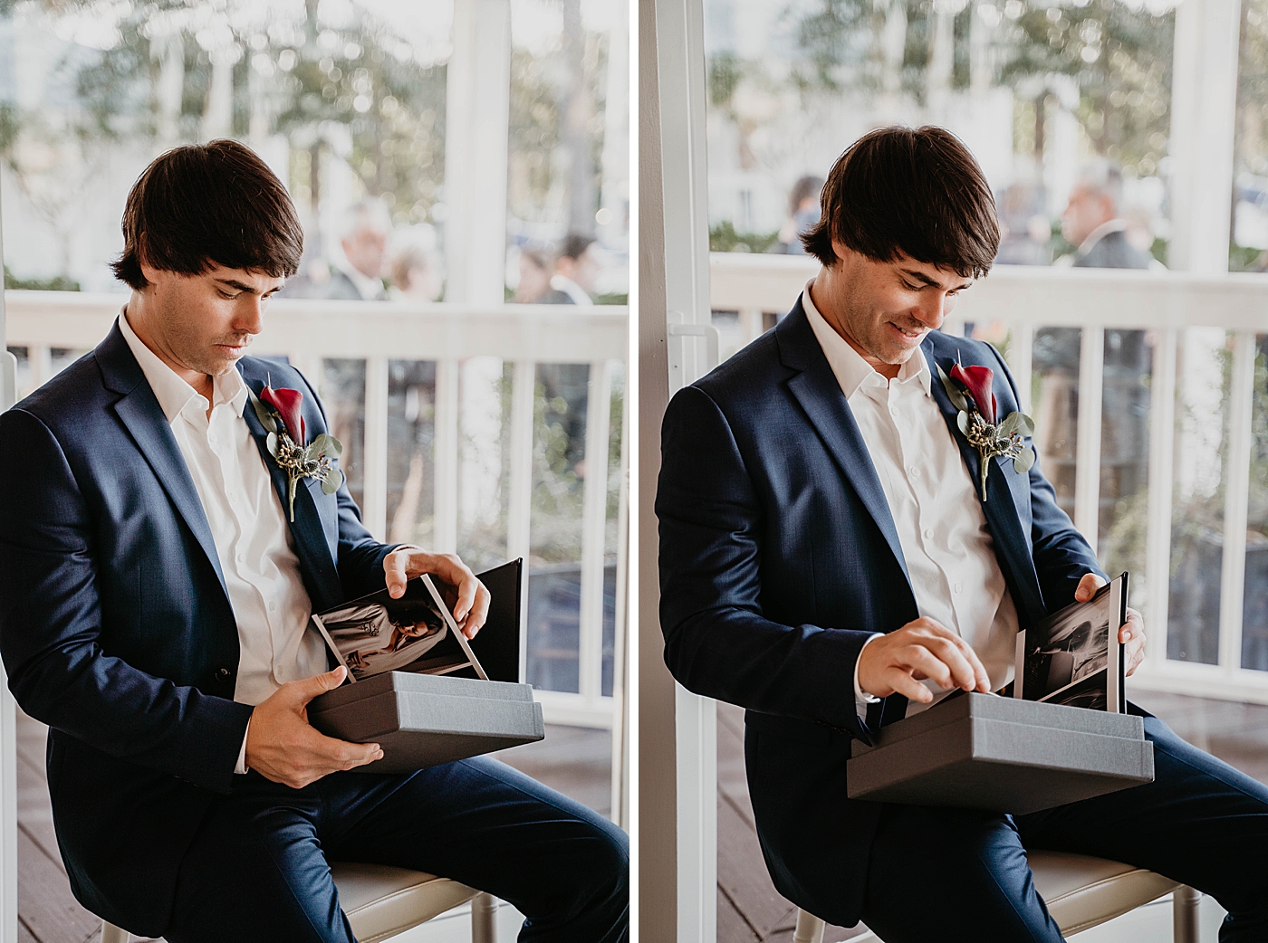 Groom looking at photos getting ready Out of the Blue Celebrations Wedding Photography captured by South Florida Wedding Photographer Krystal Capone Photography 