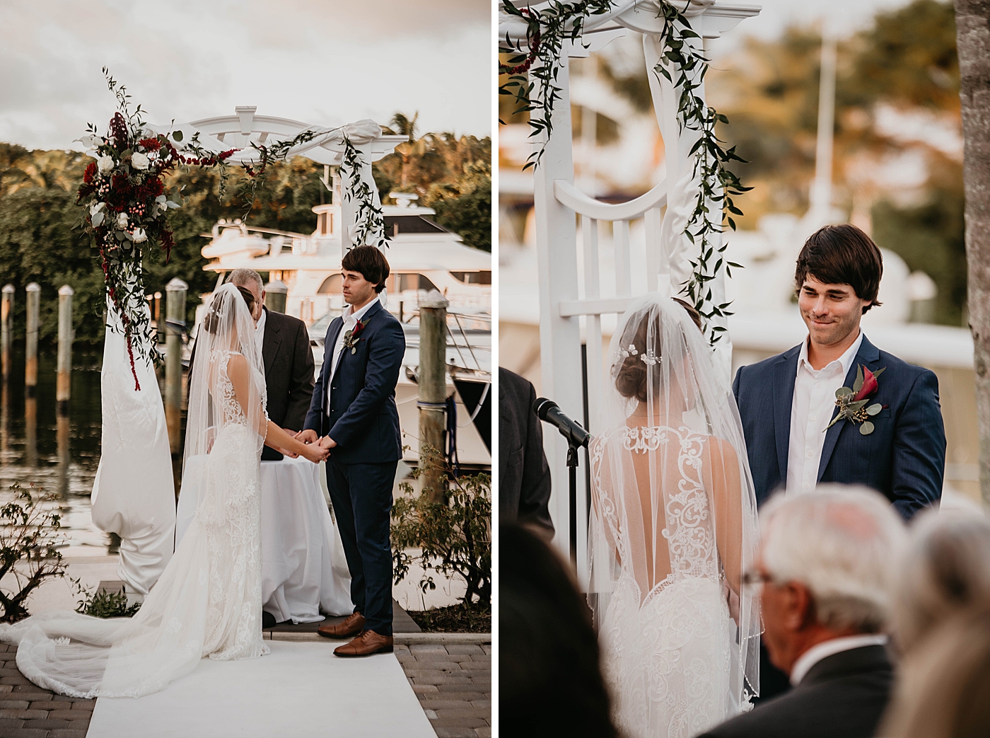 Bride and Groom holding hands for homily with yacht in background Out of the Blue Celebrations Wedding Photography captured by South Florida Wedding Photographer Krystal Capone Photography 