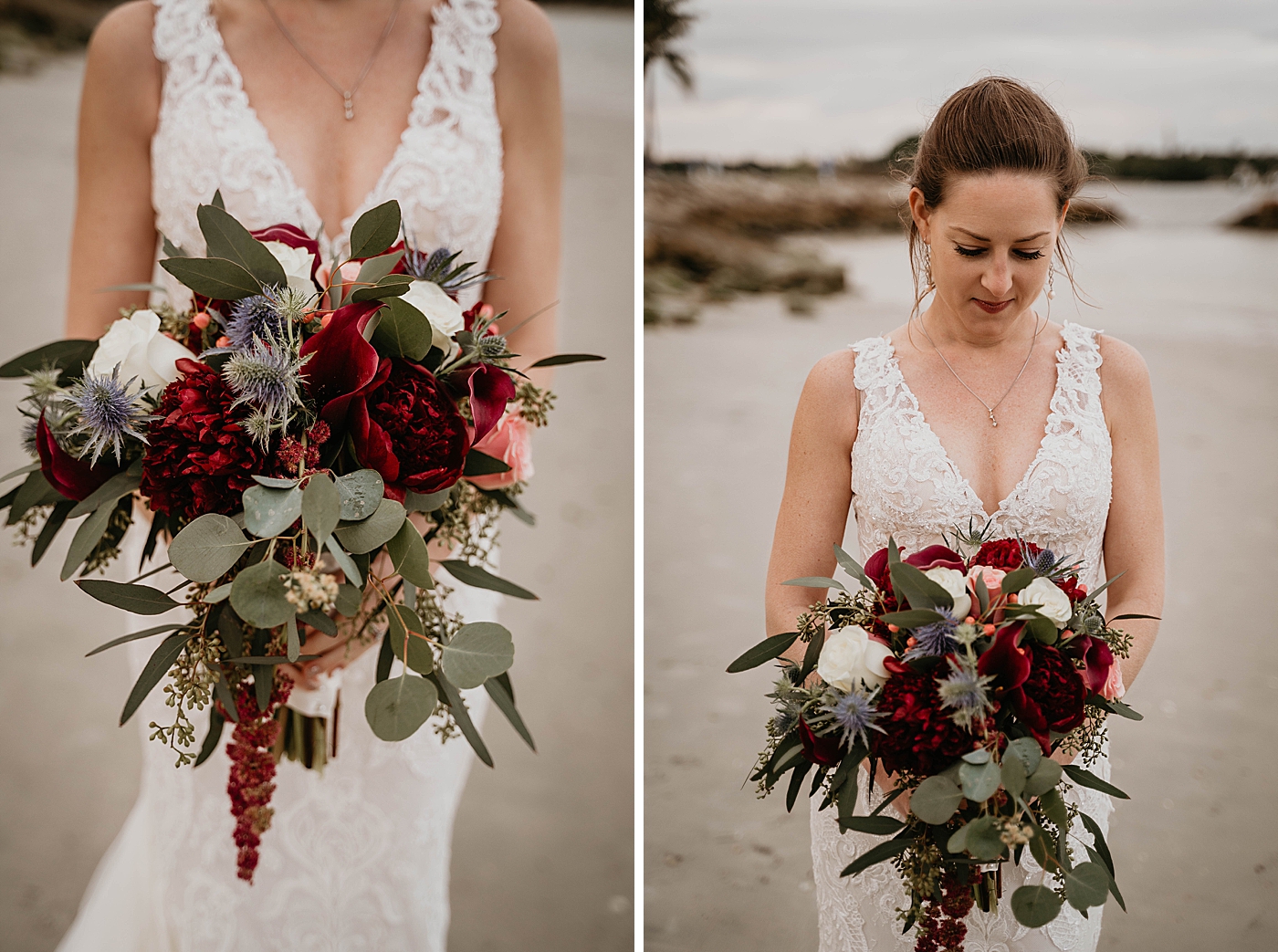 Bride portrait with floral red bouquet on the beach Out of the Blue Celebrations Wedding Photography captured by South Florida Wedding Photographer Krystal Capone Photography 