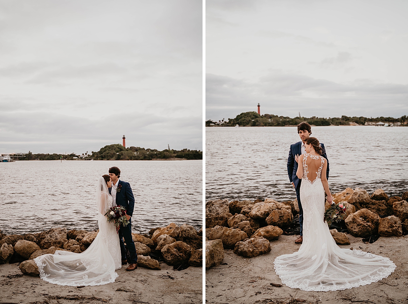 Bride and Groom portraits on beach by rocks with lighthouse in background Out of the Blue Celebrations Wedding Photography captured by South Florida Wedding Photographer Krystal Capone Photography 