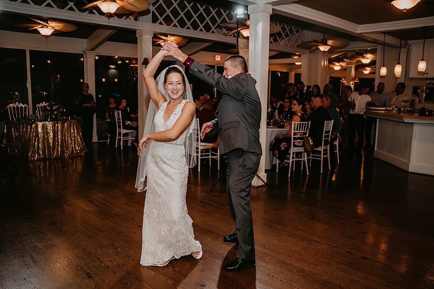 Bride and father pirouetting dance reception Out of the Blue Celebrations Wedding Photography captured by South Florida Wedding Photographer Krystal Capone Photography  