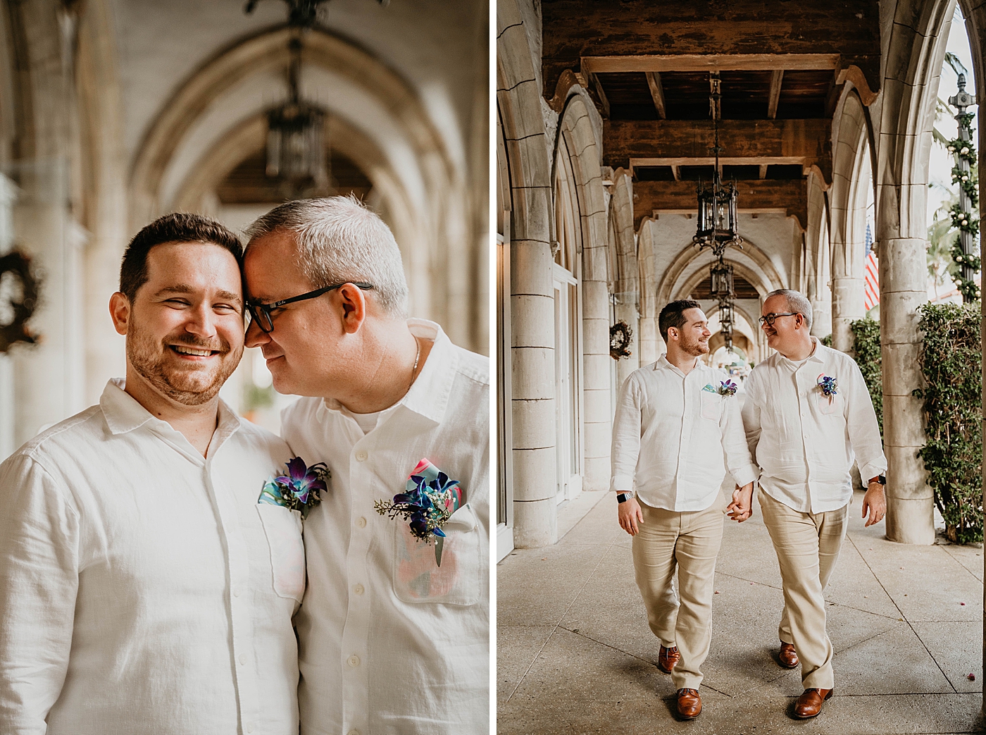 Couple nuzzling and holding hands down breezeway Palm Beach Elopement Photography captured by South Florida Photographer Krystal Capone Photography 