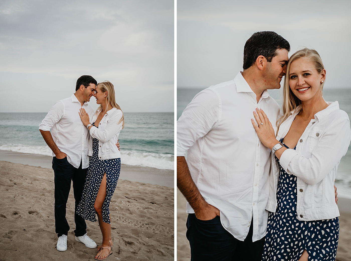 Husband and wife nuzzling on the sand with ocean waves coming in Palm Beach Engagement Photography captured by South Florida Engagement Photographer Krystal Capone Photography 