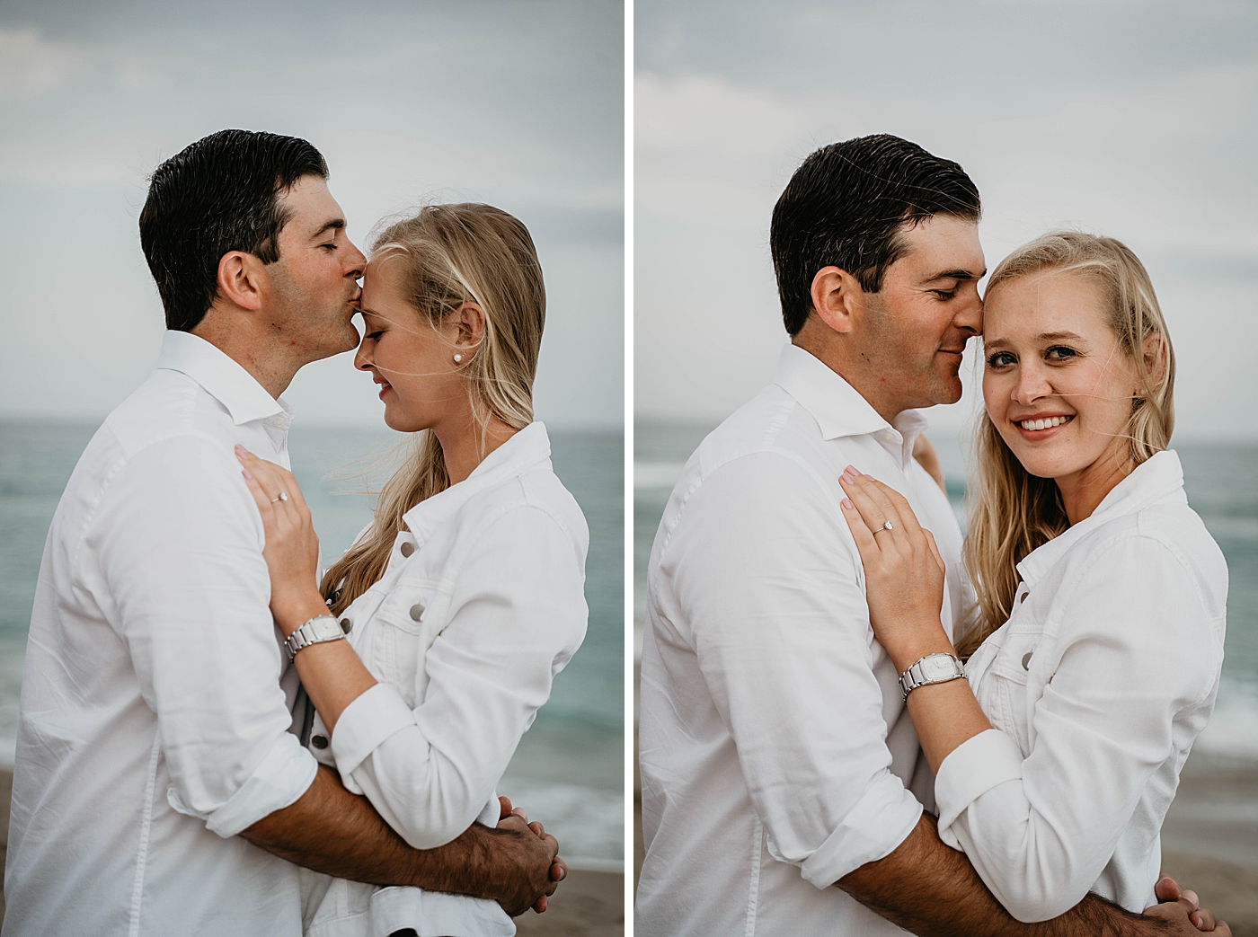 Man kissing woman on the forehead with the ocean behind them Palm Beach Engagement Photography captured by South Florida Engagement Photographer Krystal Capone Photography 
