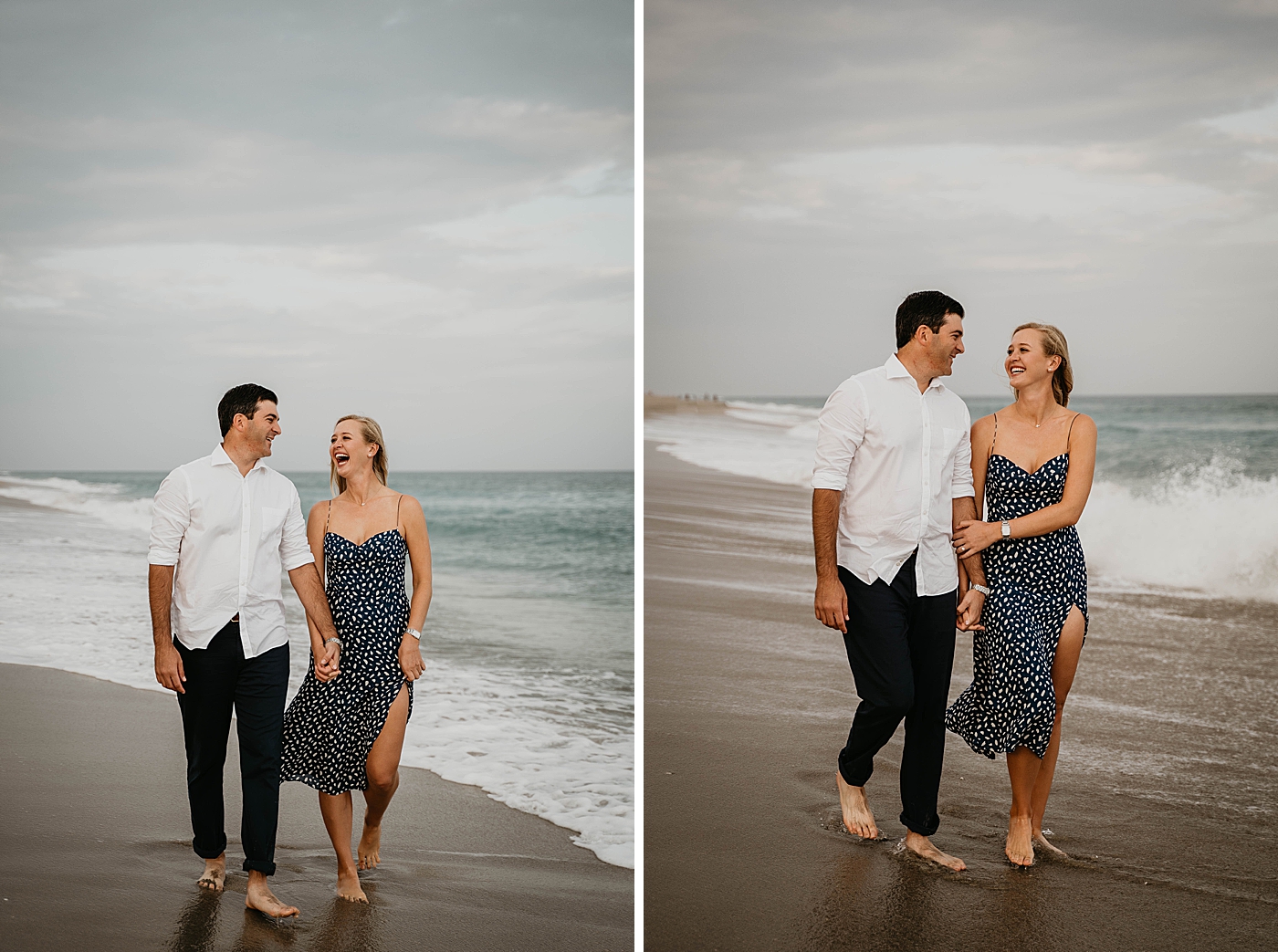 Couple walking with arms intertwined on wet sand as waves come in Palm Beach Engagement Photography captured by South Florida Engagement Photographer Krystal Capone Photography 