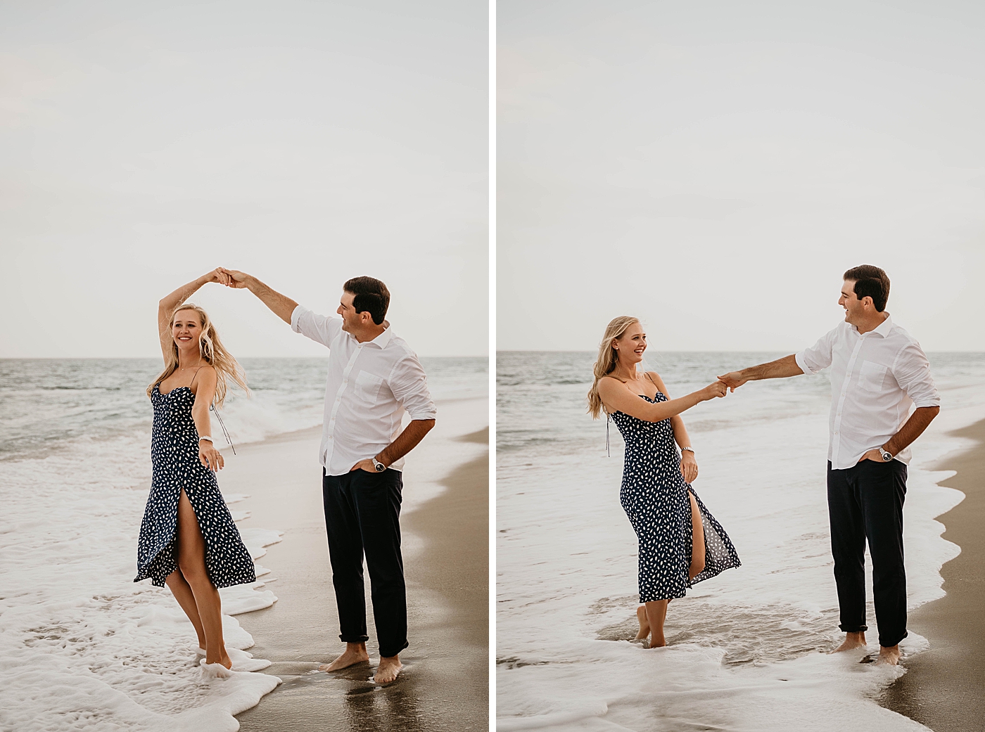Couple pirouetting as the waves trickle in Palm Beach Engagement Photography captured by South Florida Engagement Photographer Krystal Capone Photography  