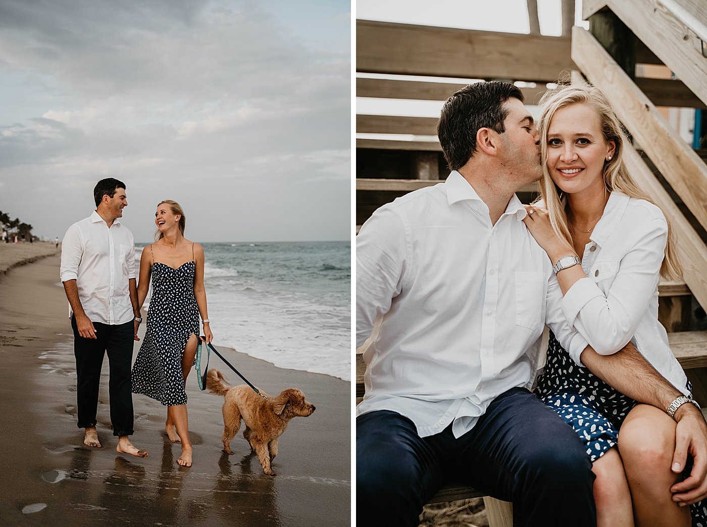 Couple holding hands walking dog on wet sand Palm Beach Engagement Photography captured by South Florida Engagement Photographer Krystal Capone Photography 