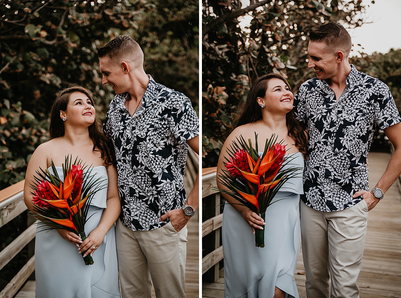 Couple with beautiful bright red bouquet South Florida Beach Photography captured by Krystal Capone Photography