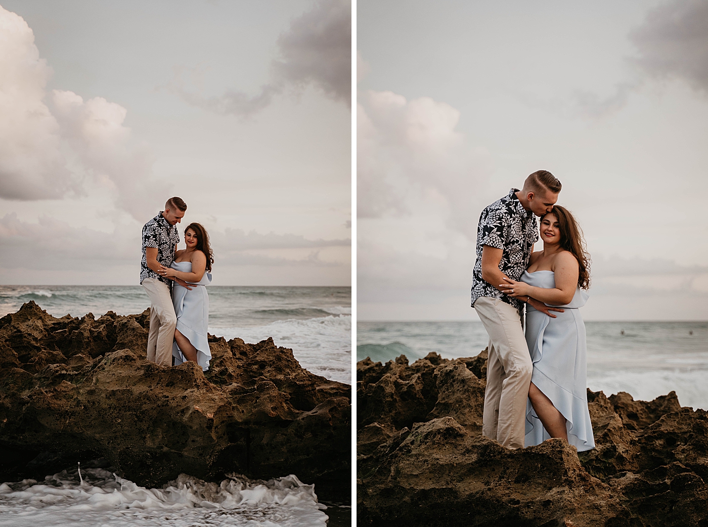 Couple posing on top of shoreline rocks South Florida Beach Photography captured by Krystal Capone Photography