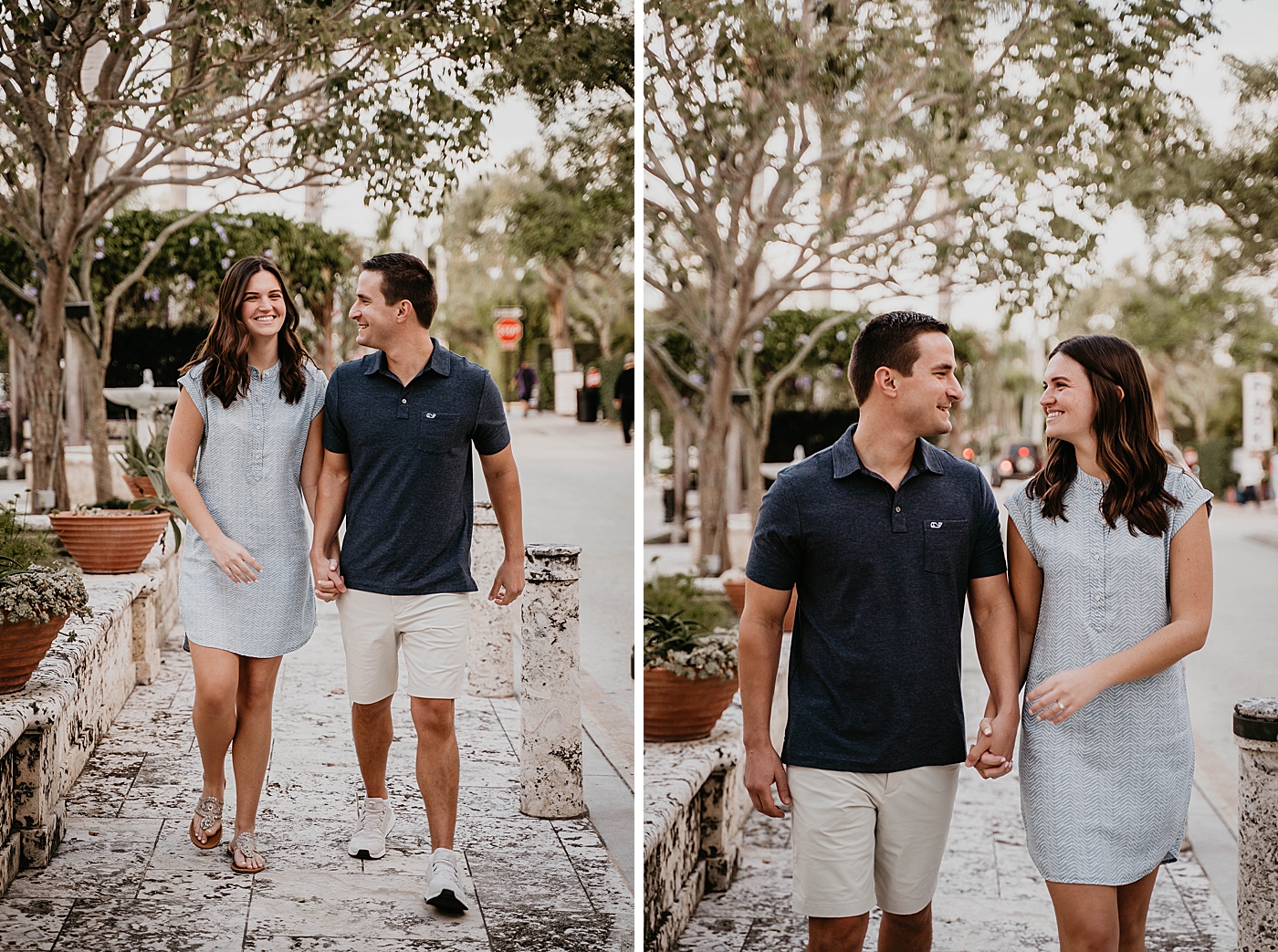 Couple strolling down Worth Ave Palm Beach Engagement Photography captured by South Florida Engagement Photographer Krystal Capone Photography