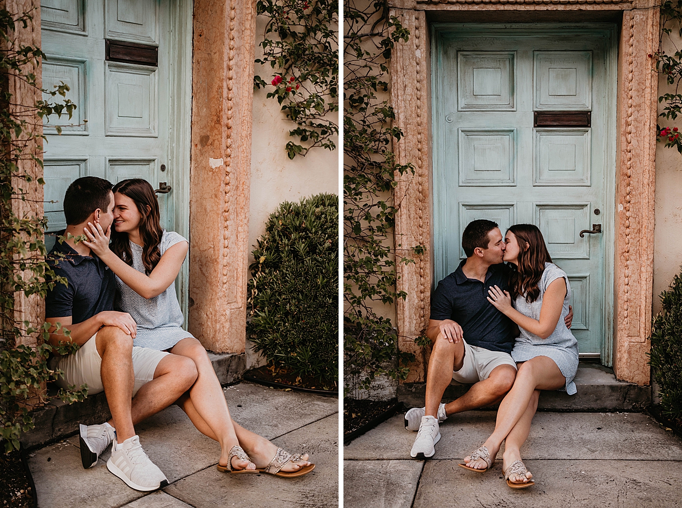 Couple sitting in front of turquoise door Palm Beach Engagement Photography captured by South Florida Engagement Photographer Krystal Capone Photography