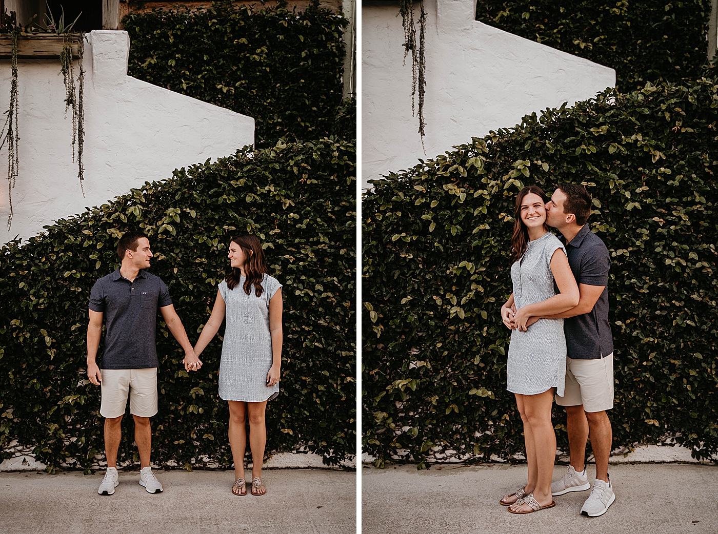 Couple holding hands in front of green hedge Palm Beach Engagement Photography captured by South Florida Engagement Photographer Krystal Capone Photography