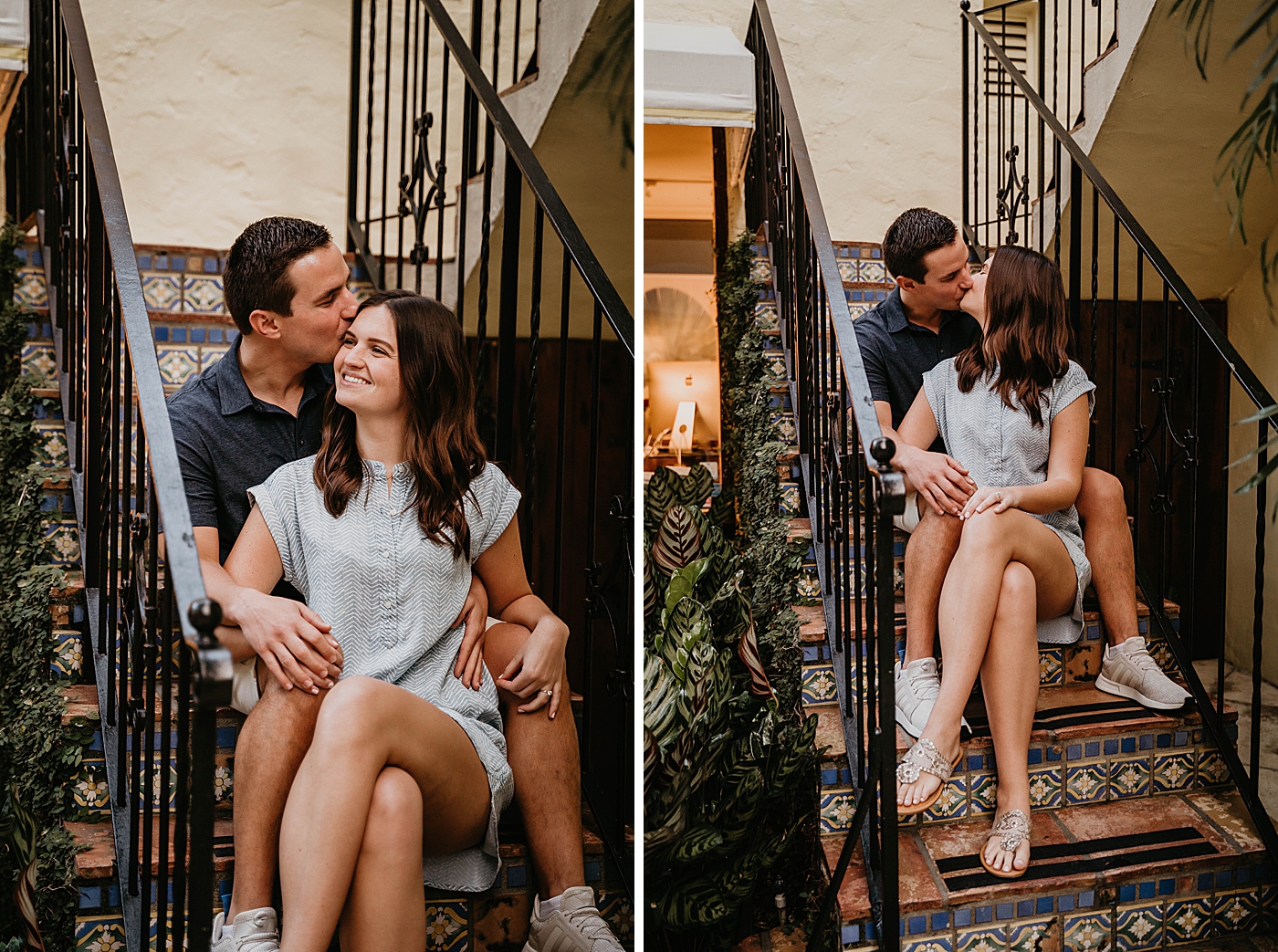 Couple sitting on stairs kissing Palm Beach Engagement Photography captured by South Florida Engagement Photographer Krystal Capone Photography