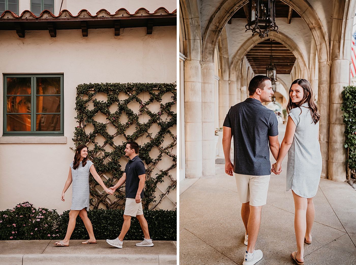 Couple holding hands and strolling Palm Beach Engagement Photography captured by South Florida Engagement Photographer Krystal Capone Photography