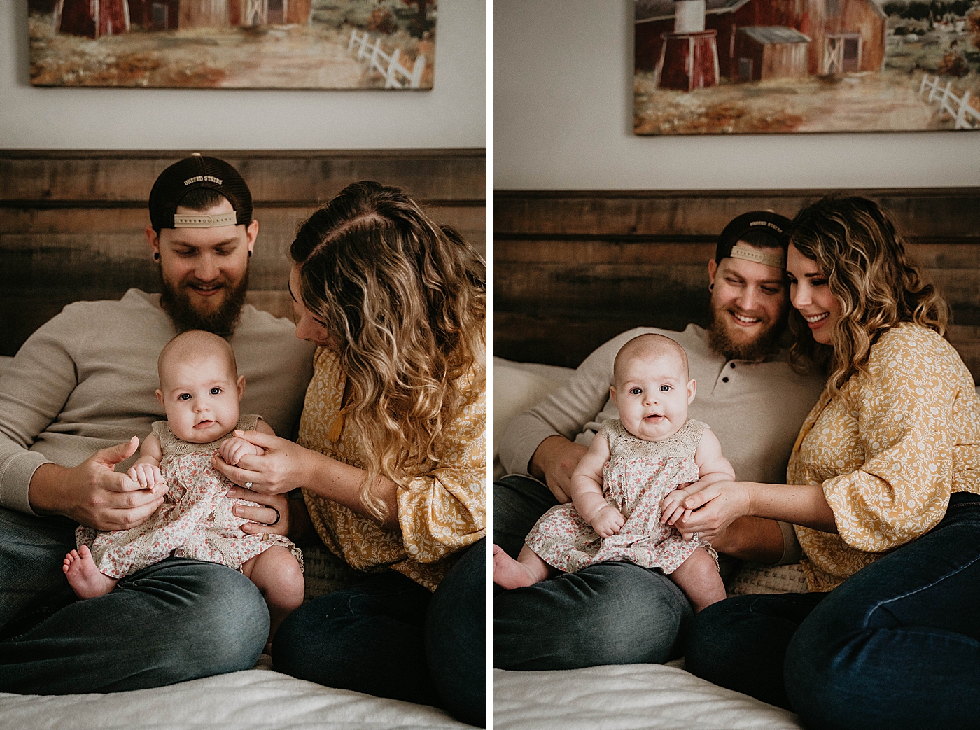 Happy baby on Dad's lap with Mom holding hand At Home South Florida Family Photography captured by South Florida Family Photographer Krystal Capone Photography 