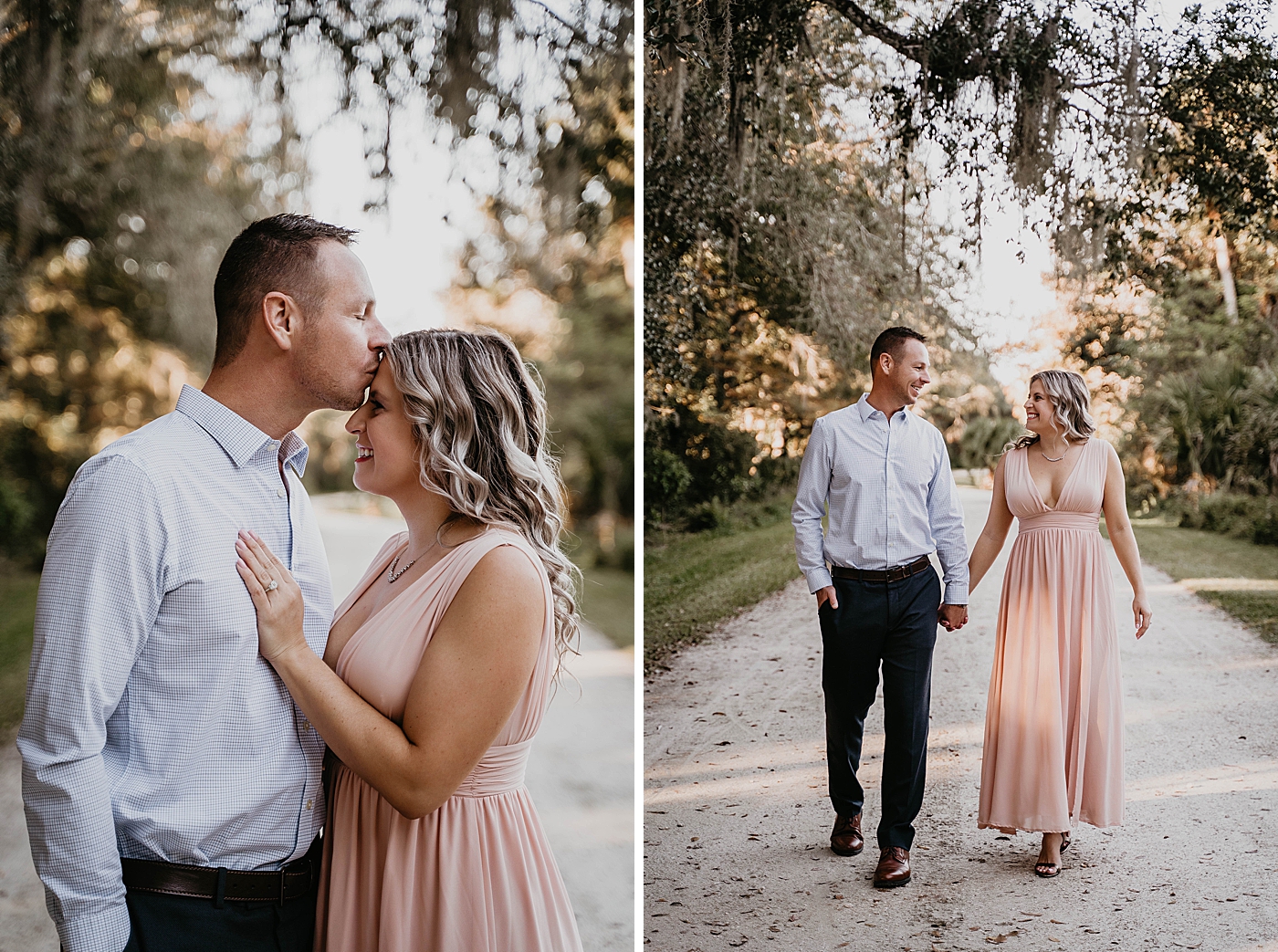 Couple strolling down path with spanish moss Riverbend Park Engagement Photography captured by South Florida Engagement Photographer Krystal Capone Photography