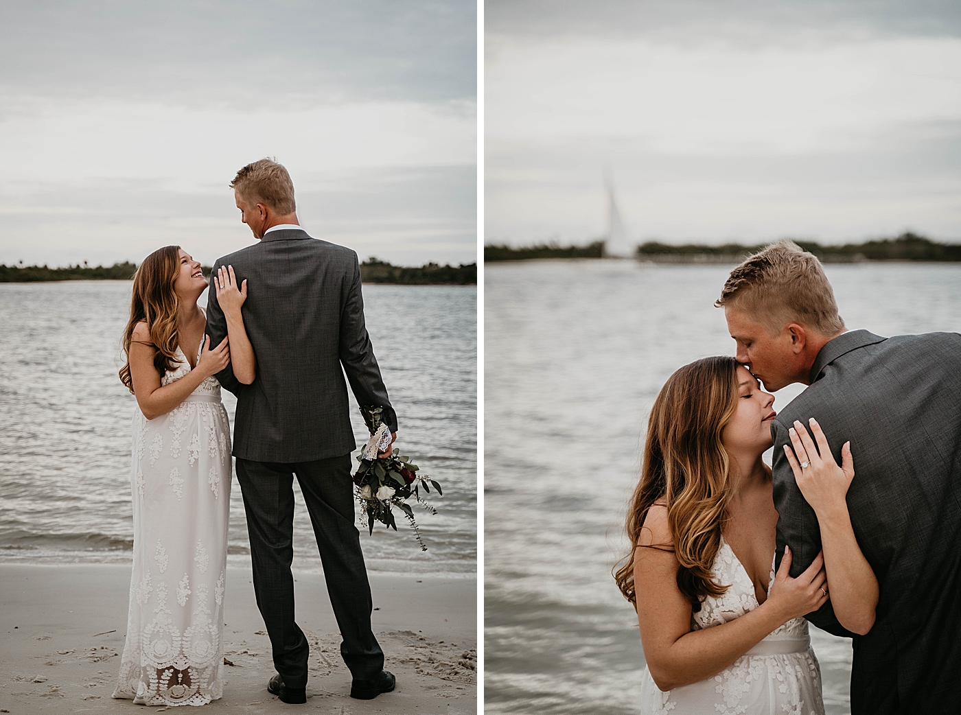 Bride and Groom by the shoreline holding each other South Florida Elopement Photography captured by Krystal Capone Photography
