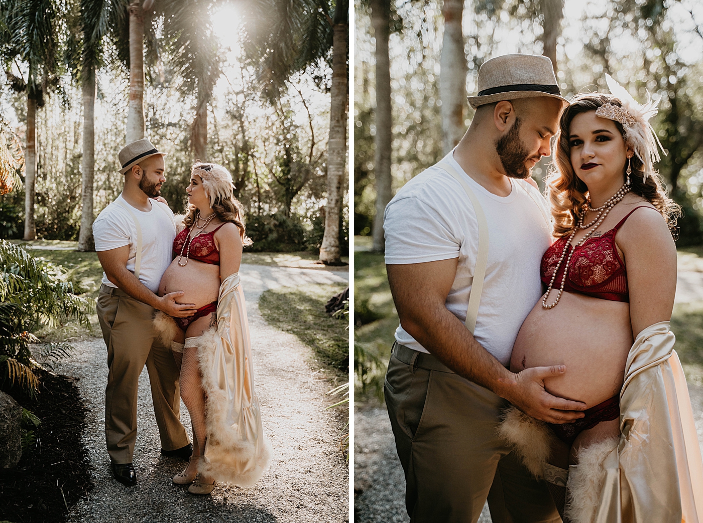 Husband holding wife and pregnant stomach in Palm Tree forest South Florida Maternity Photography captured by South Florida Family Photographer Krystal Capone Photography 