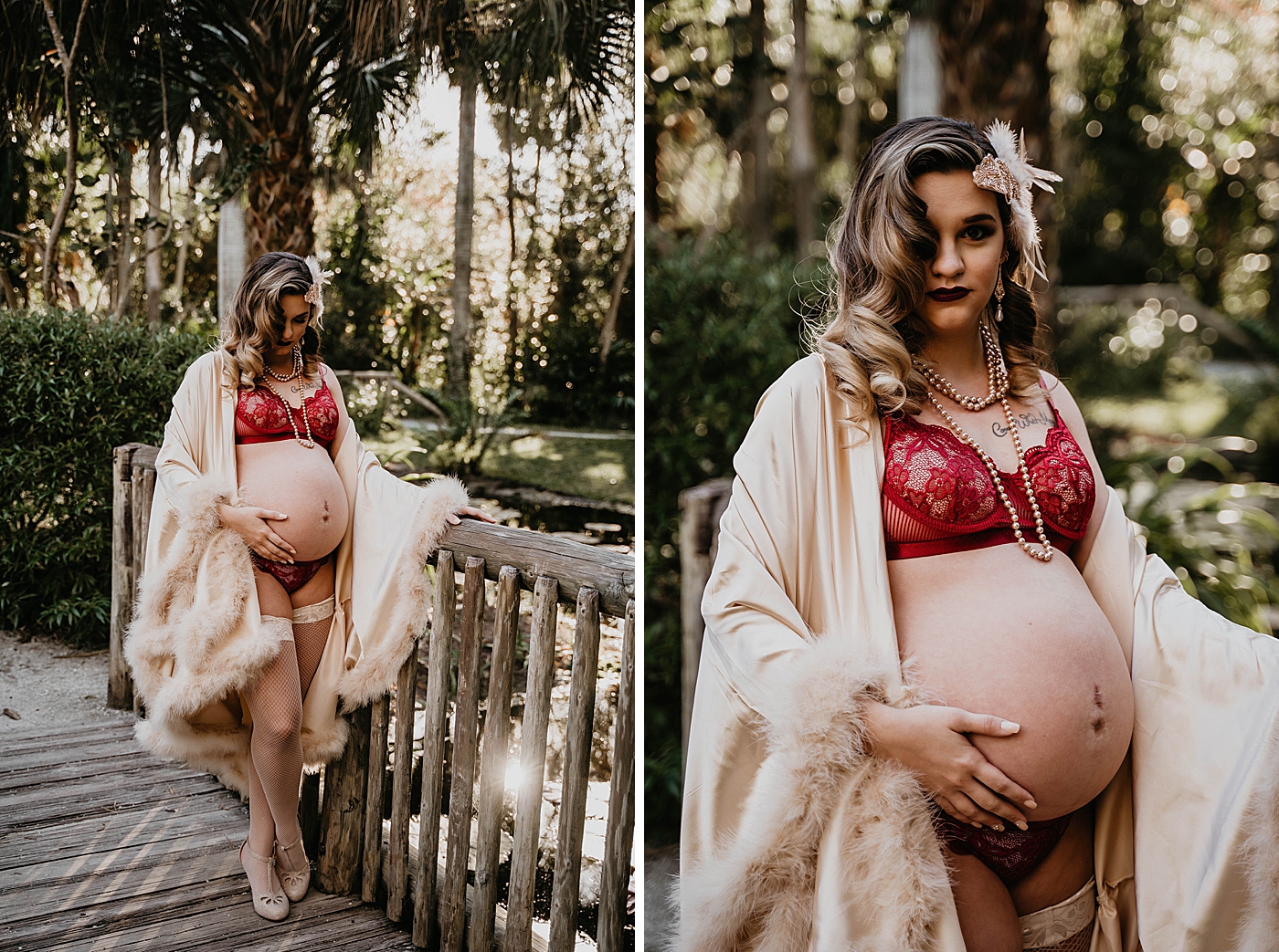Soon to be mother on wood bridge holding bump South Florida Maternity Photography captured by South Florida Family Photographer Krystal Capone Photography 