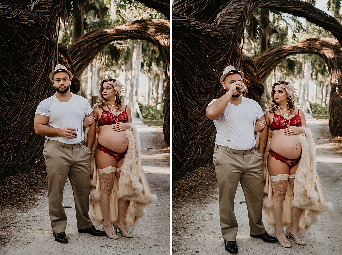 Wife holding husband's arm while he takes a drink South Florida Maternity Photography captured by South Florida Family Photographer Krystal Capone Photography 