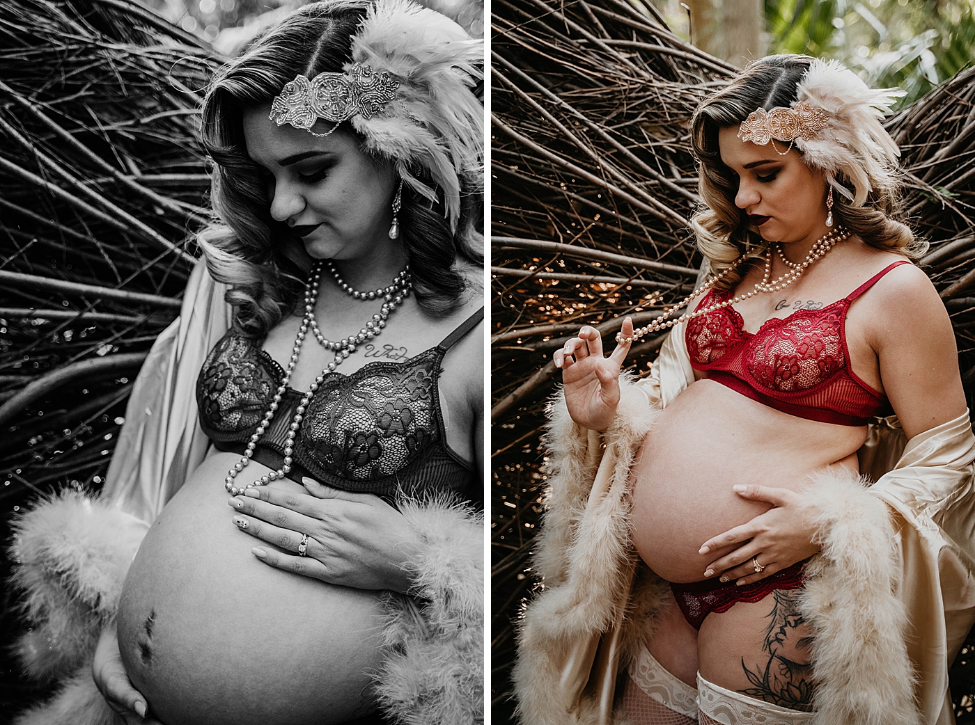 B&W vintage dressed pregnant mother looking down at bump South Florida Maternity Photography captured by South Florida Family Photographer Krystal Capone Photography  