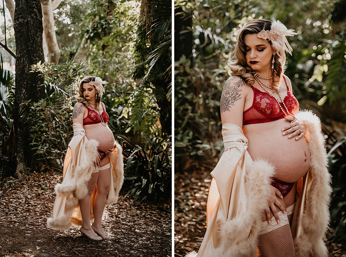 Soon to be mother in the forest posing with pregnant stomach South Florida Maternity Photography captured by South Florida Family Photographer Krystal Capone Photography 